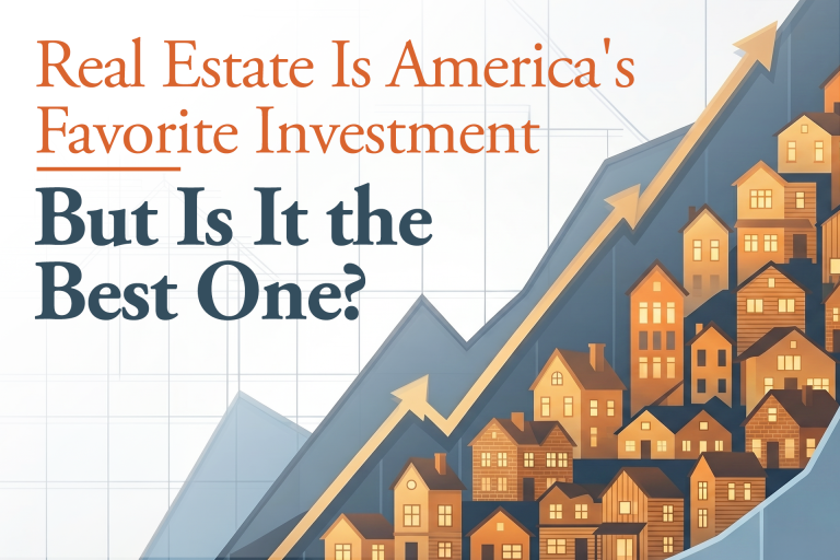 Real-Estate-Is-Americas-Favorite-Investment Real Estate Is America's Favorite Investment title graphic with an arrow pointing up on a blue background.